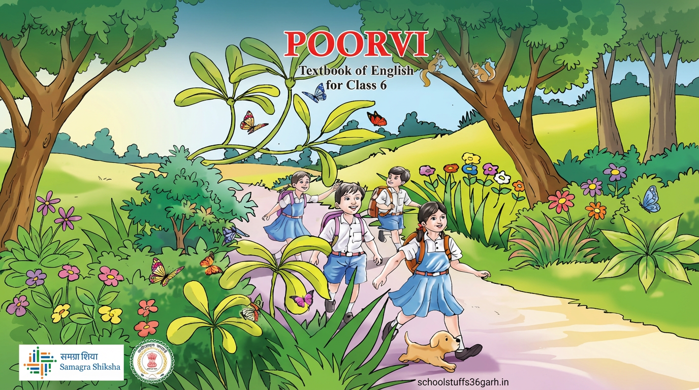 The official cover and theme of Class 6 English Poorvi CG Board redesigned for online learning